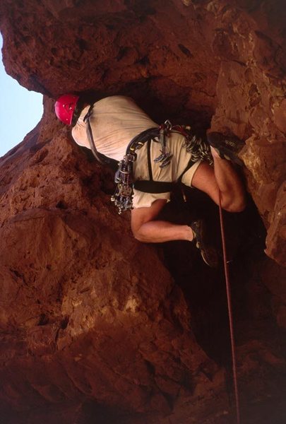me, leading the roof pitch, first free ascent. Photo by Dave Levine.