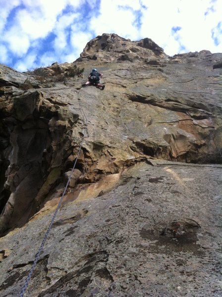 Mammoth Rock, "Proboscis" (SW Buttress) 150', 2 bolted pitches, 5.10d/11a?