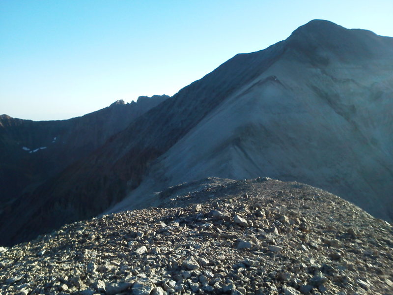 From Campbell looking south to T.O. with a difficult stretch west of S6 on the traverse to Mears on the back skyline.