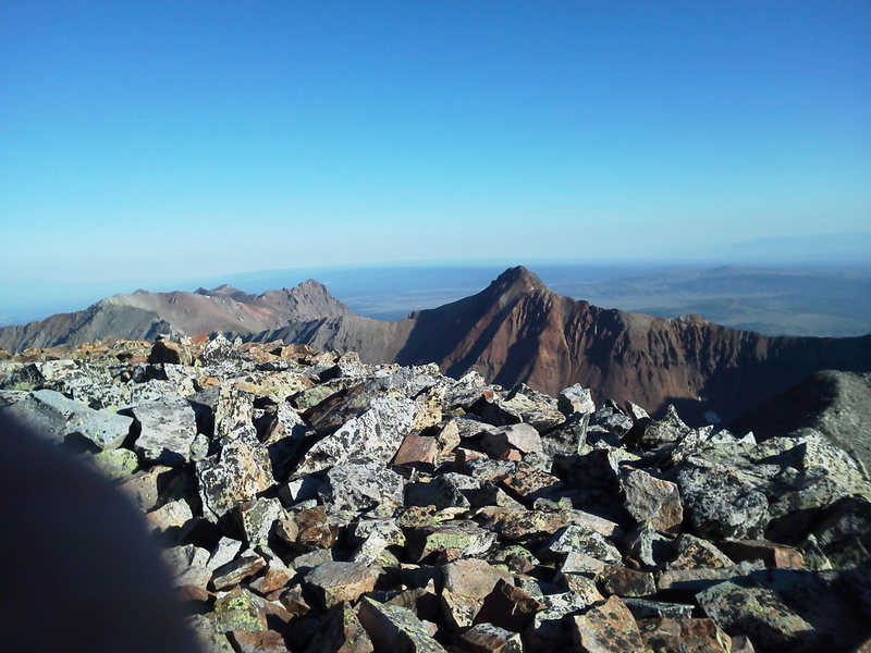 From T.O looking northwest towards the end of the traverse. Mears Peak in the middle; S3, the 'corner' (S5) and Peak 13,441 (S6) just out of view right, and the remainder of the ridge line continuing northwest. S7, S8, S9, and S10 leading the way to Hayden Peak and North Pole Peak west of Mears.