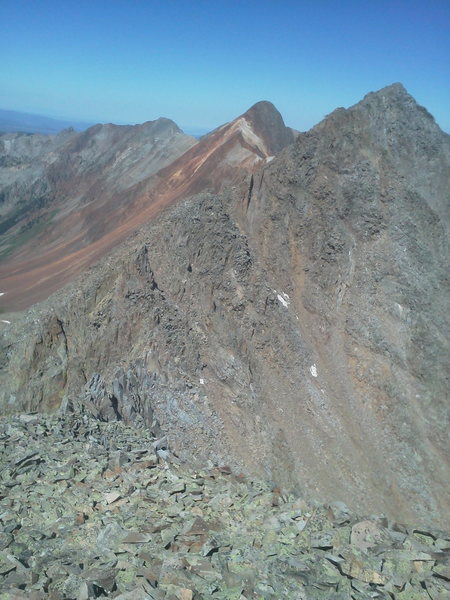 View from S5 (13380') in the 'corner' west to Peak 13441(S6) and on to Mears (red peak in center).