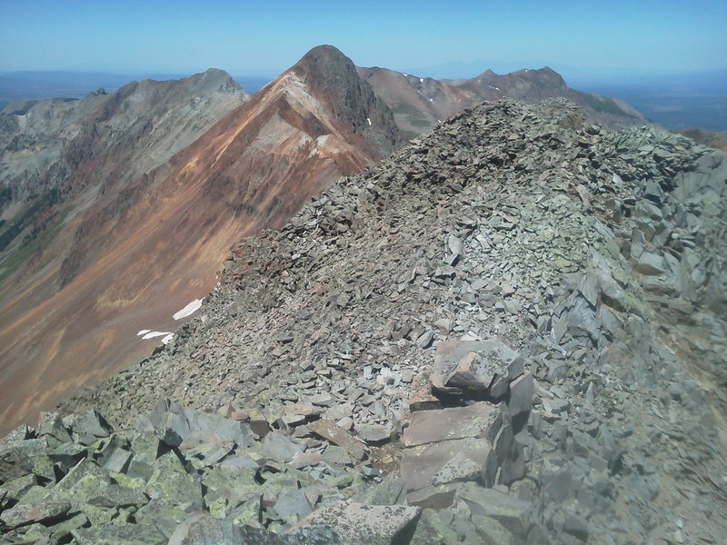 Looking west at Mears Peak from S6. Ruffner left, Peak 13,134 (S9) on the far right. Broken rock. The red on Mears is especially bad and presents a challenge.