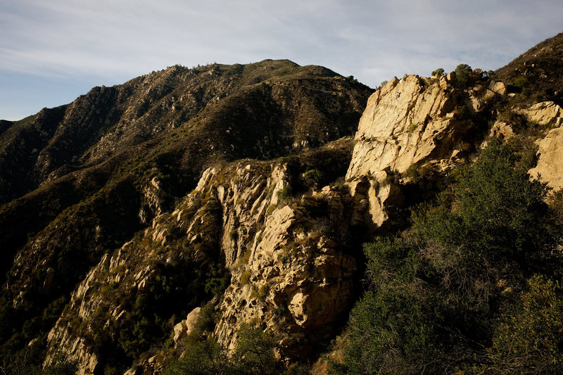 A free solo climber on Midface, at Gibraltar Rock in Santa Barbara.