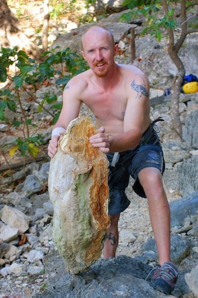 This 20kg stalactite broke when Vance knee-barred behind it, giving him 7 stitches in his arm (note bandage) and almost killing his belayer.