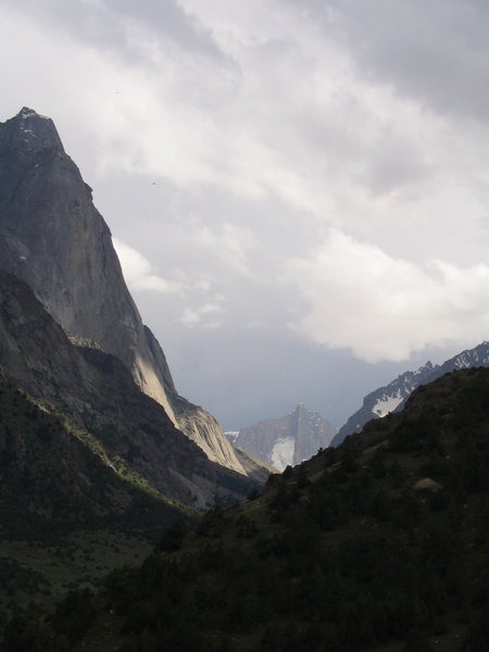 Mt Ptitza (little bird) is the peak in the back of the valley. (Russian Tower is the left skyline) The spot of the picture is where the Ak su/Kara su valleys split. From here, it would be about a 4 hour hike to Ptitza.