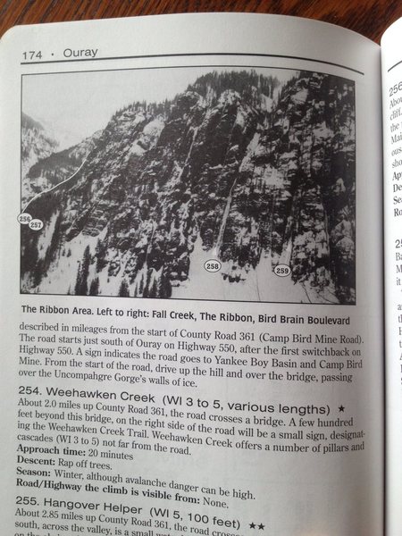 <em>Colorado Ice Climbers' Guide</em> by Cameron M. Burns, 1997.<br>
The obvious line of this route plainly visible in this photo. Little to no traffic from Jeff Lowe's ascent until we popularize route by adding some gear. <br>
 1978 until 2011, no mention in five guidebooks, countless editions of climbing rags. By my estimation, 300-450 editions of up to 4 climbing rags both here and in Europe. <em>American Alpine Journal</em>. Social media since 2009. Mt. Project, Summit Post, Facebook, Twitter, or personal blogs.