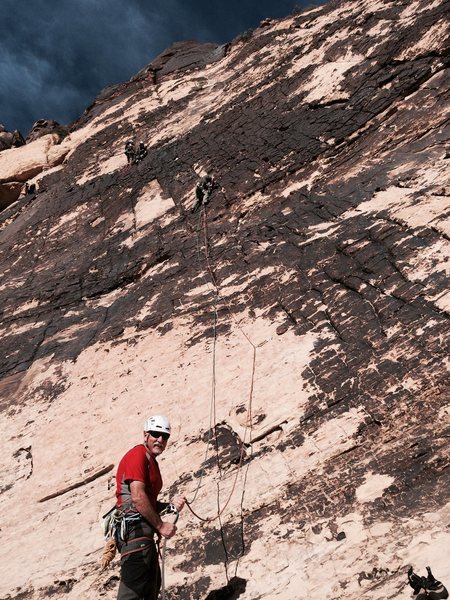 J. Connell leading up Pitch 1. M. Ward belaying at the base. D. Gifford and myself at the Pitch 1 station.