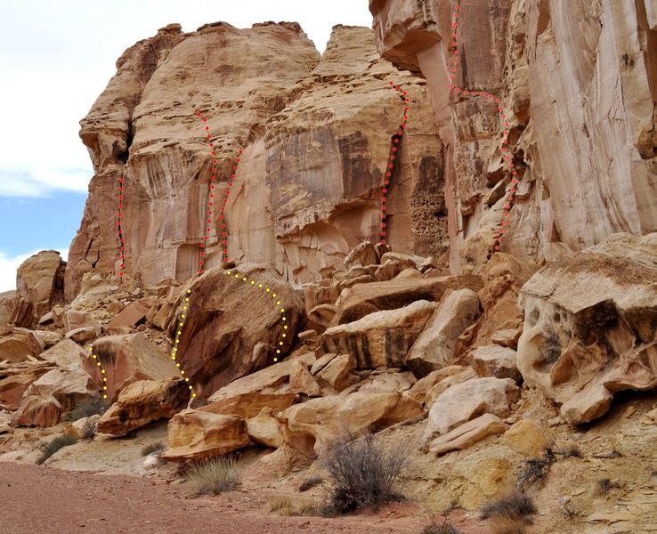 A small section of "The Gap". Red Routes are possible trad climbs (mostly hand to finger cracks) and yellow routes are possible boulder problems.
