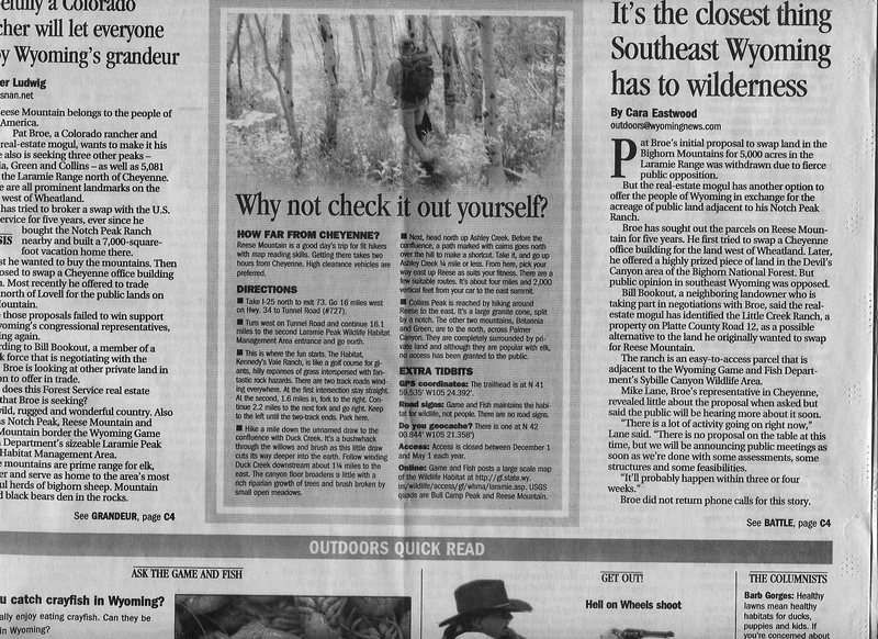 Cheyenne Eagle account of Pat Broe's efforts to buy public lands of Reese Mtn pg2