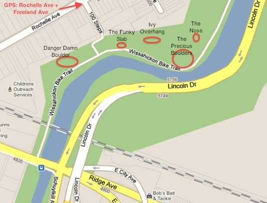 The 100 Steps Area has the highest concentration of problems with very easy access. You will see at the top of the map the cross streets that you can google map in order to get there. Park at the top and wall down the "100 Step"