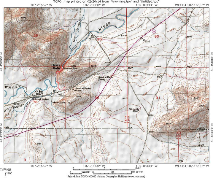 A local map of Devils Gate. The historical buildings west of the opening gap are Marin's Cove, a historical Mormon disaster site resulting from an early severe winter storm during their migration across WY. Visits are free and so is membership to the LDS society.