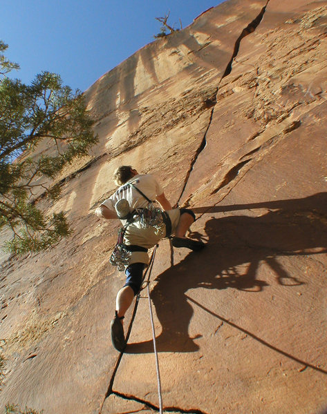 Dolores River Canyon - Pump House Crag, awesome finger hand splitter, 5.11. This crack is the obvious splitter that faces up river, look for calcium streaks.