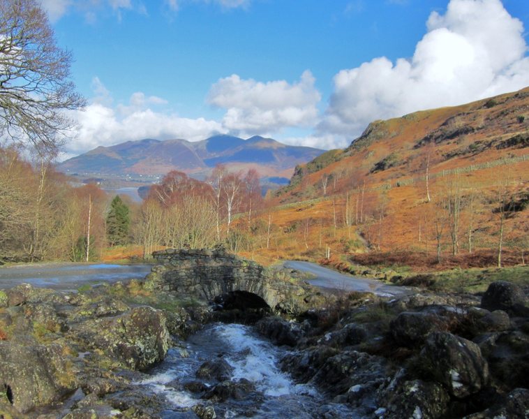 View from Ashness Bridge in Borrowdale towards Skiddaw Mt and the town of Keswick