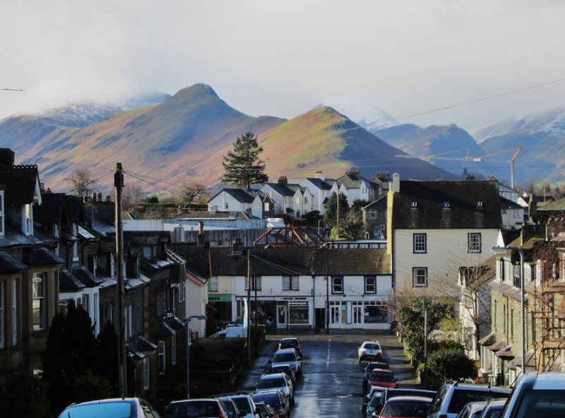 View of the hills from the town of Keswick . English Lake District Good fish and chips on facing cafe.