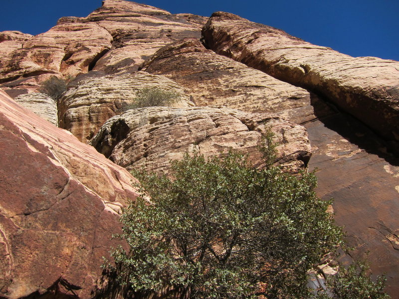 Standing at the base of One Armed Bandit, looking up the route.