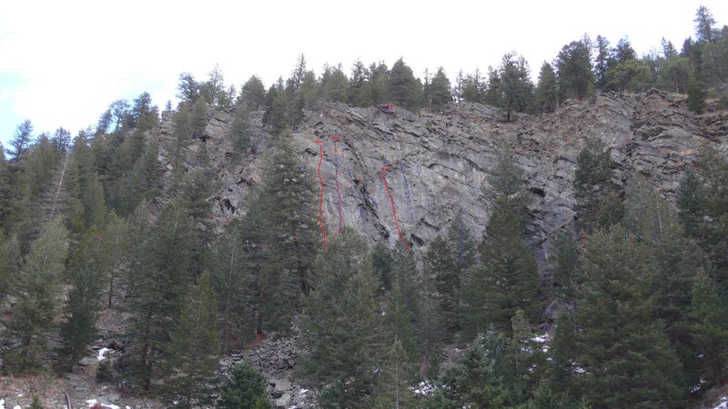 Socialist Crag, red lines climbed and bolted, red and blue climbed TR, blue to be do done.