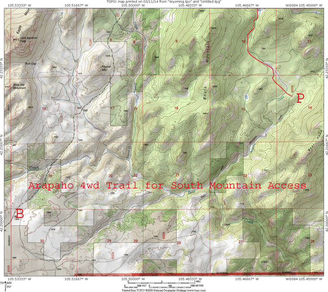 Map showing Arapaho 4wd Trail for east access to South Mountain. The east most portion is not accessible from Cottonwood Park Rd. without permission/gate key from the Kloer Creek Ranch site of the True Ranch.