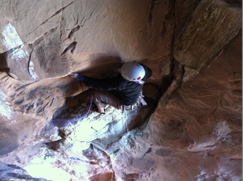 Traversing left through the bird dung on pitch 5.