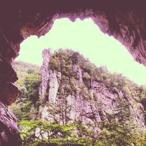 Looking out of the cave towards the South Pillar. 