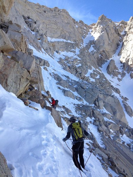 Mark Collar and Erik Harz in the exit snow gully, March 2014