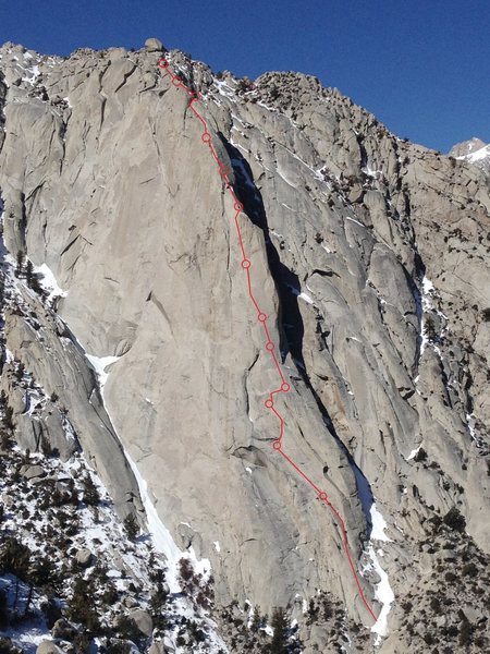 Bastille Buttress with approximate line and belay stations for the Beckey Route