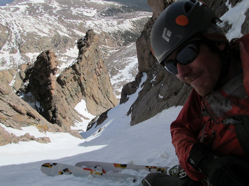 Skiing Dreamweaver on Mt. Meeker. This line needs to get skied more! Only two 30m rappels are needed in the middle crux. You can can escape to skier's left at the top of the Flying Buttress Col and finish on the approach slopes to Darkstar, this avoids a rappel/downclimb in the lower Dreamweaver couloir.