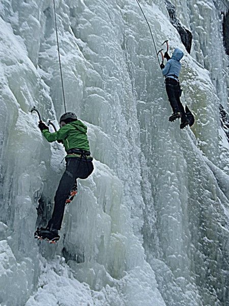 Suzy Williams climbing up the middle section. <br>
<br>
Overall Ice Grades in this area WI2-4