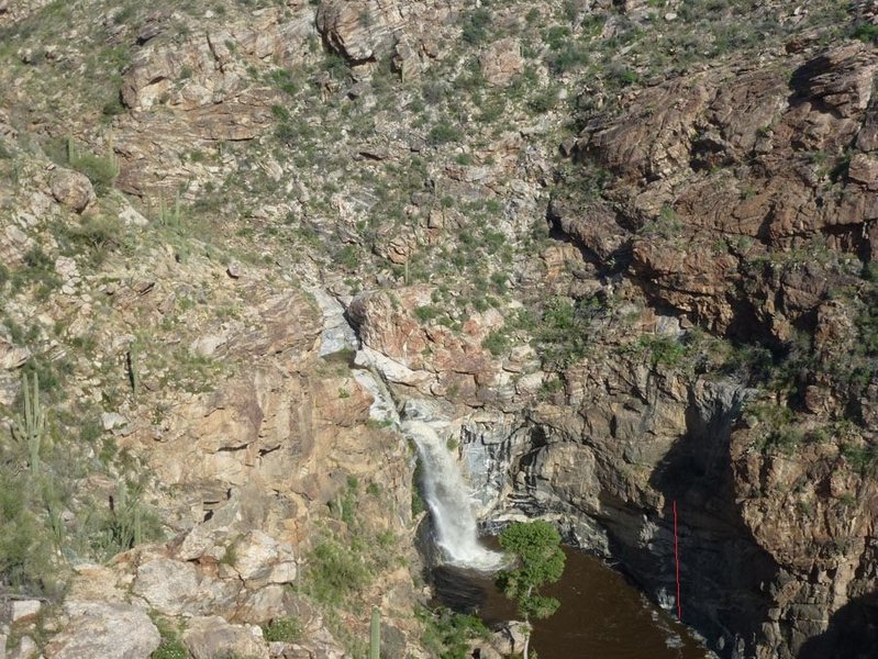 Looking down at Tanque Verde Falls from the upper ridge. Line shown in red.