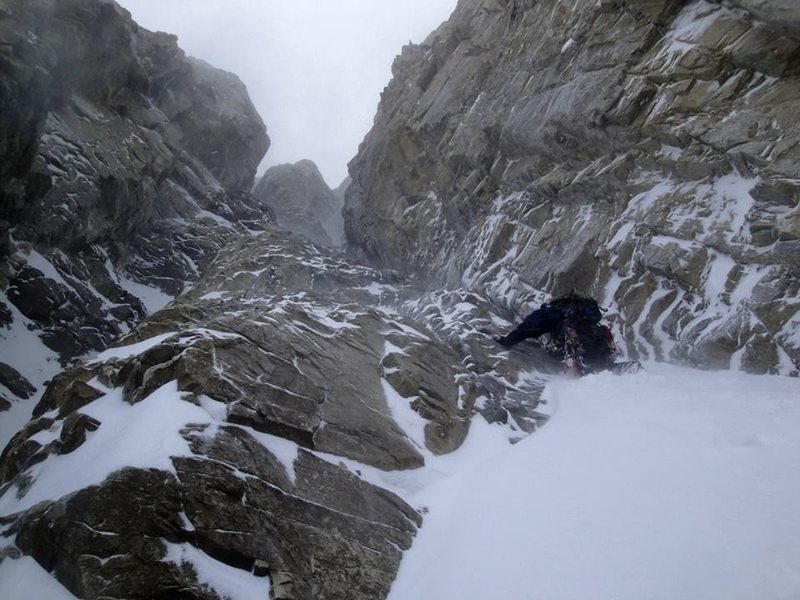 Start of pitch 4. In the picture we are descending due to massive spindrift avalanches funneling down the route.