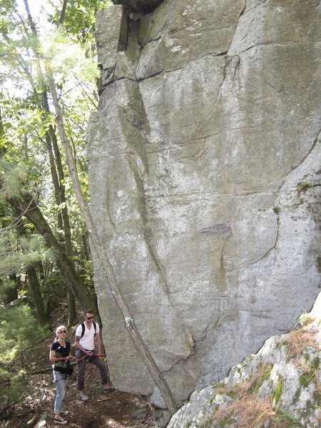 At the foot of the climb. Starts on the arete and continues up the face, going slightly right.