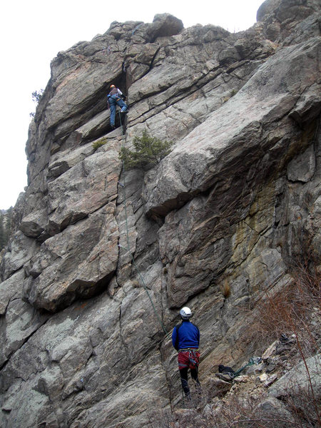 Doug belays Dave up perhaps the easiest line at the crag.