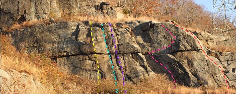 The Stockade Wall with Topo overlay. Tower Wall is up and to the left of this photo.<br>
<br>
1. Crankenstein, 5.11-<br>
2. Dave's A-Peelin', 5.9<br>
3. Once Was Choss But Now Was Found, 5.8<br>
4. Zetastein, 5.10<br>
5. Stockade Scramble, 5.3