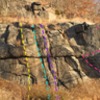The Stockade Wall with Topo overlay. Tower Wall is up and to the left of this photo.<br>
<br>
1. Crankenstein, 5.11-<br>
2. Dave's A-Peelin', 5.9<br>
3. Once Was Choss But Now Was Found, 5.8<br>
4. Zetastein, 5.10<br>
5. Stockade Scramble, 5.3