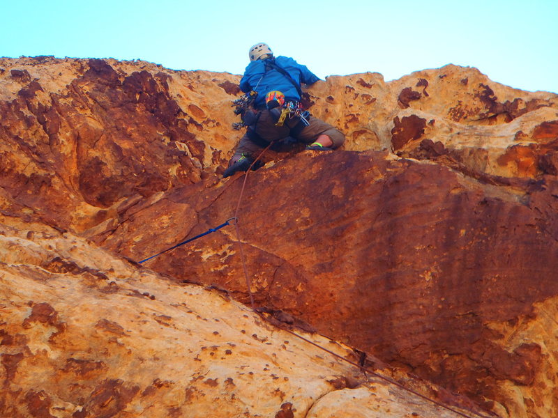 Here is the path straight over the roof. Pretty easy, less traversing, good protection, even a bolt at the lip.