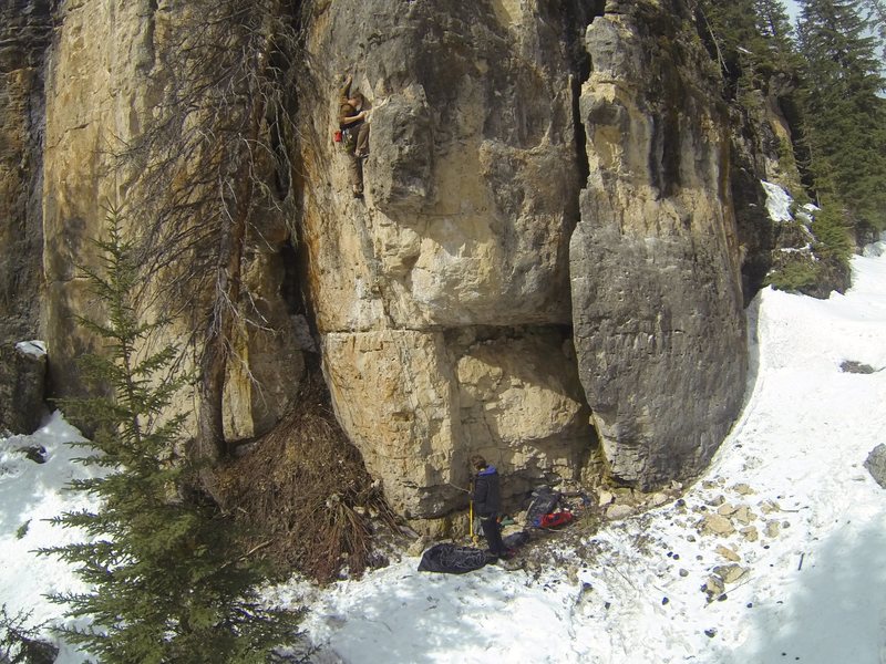 Reggie climbing The KlonDyke, 5.10a<br>
Ice Box. Spearfish Canyon.