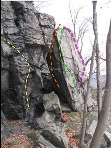 The right arete on the the tall rectangular block in the photo is John Browns Body (pink line). The green line is Isaac Smith Arete. The orange line is roughly the path of The Secret Six. The faint yellow line is roughly the path of Doctor Who.