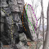The right arete on the the tall rectangular block in the photo is John Browns Body (pink line). The green line is Isaac Smith Arete. The orange line is roughly the path of The Secret Six. The faint yellow line is roughly the path of Doctor Who.