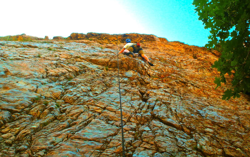 Wic climbing a Modest Man from Mandrake. This is a great view of the small roof lower down the climb and the large roof at the top.
