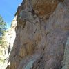 After placing the #4 near the crux. Very long first pitch. Loose rock...helmet for belayer recommended. Worth the adventure, great route.