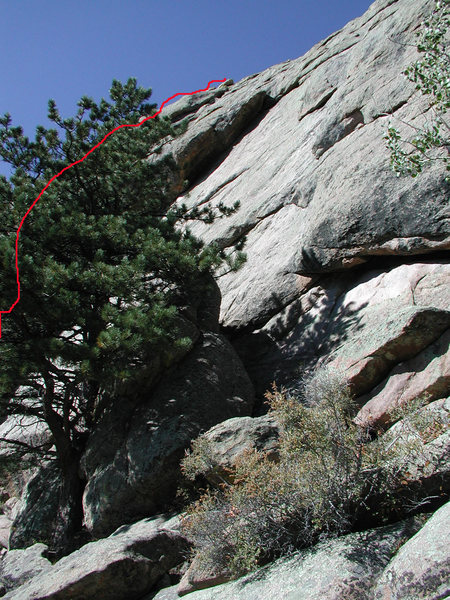 Sorry no actual photo for this climb, but the route is located about 60 feet left of this dihederal and begins with a short crack.
