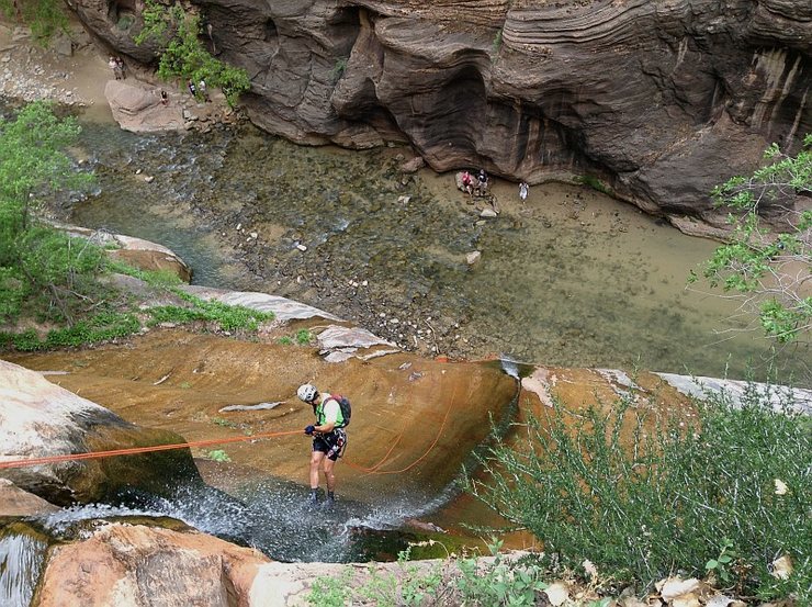 Descending instead of ascending, at the finish of Zion's Mystery Canyon, rapping down Mystery Falls into the Narrows. Photo by Jamie. 5 May 2014.