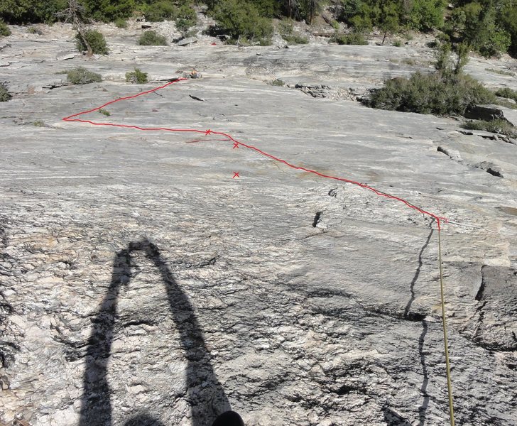 Looking down P1 - our wandering line and the variation around bolt 3