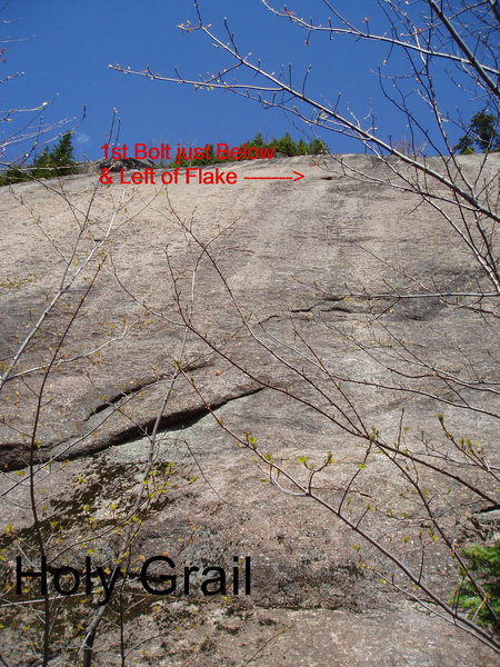 Holy Grail - Possibly the FA start stepped over the rising flake. The 1st Bolt is about 50 ft up and can't be seen.