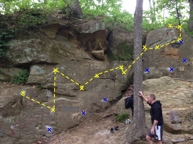This is the route, a few pockets but I tried to make it reachy with mainly crimps. Look for the name Munson and you should be right on the route. Hand holds are in yellow, and feet are in blue.