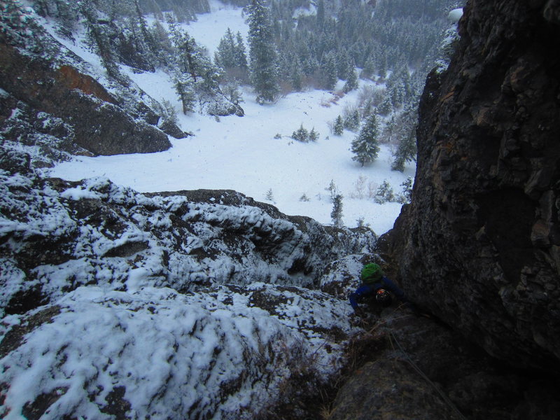 Trout arriving at the first belay.