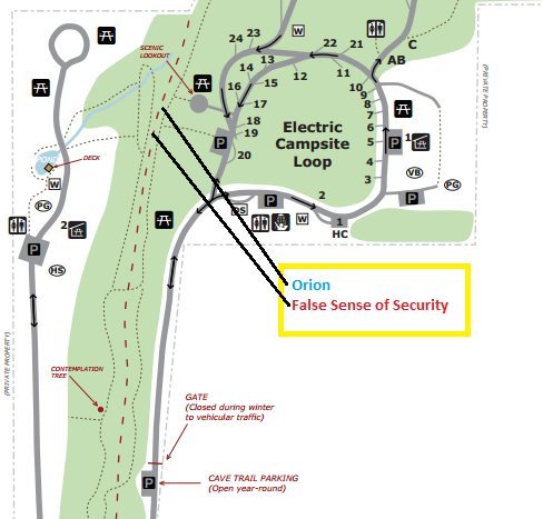 Section of park map with a idea of where both Orion and False Sense of Security