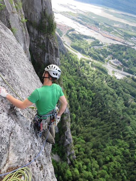 The start of P1 after you clip the bolt and down climb to the start of the hanging slab.
