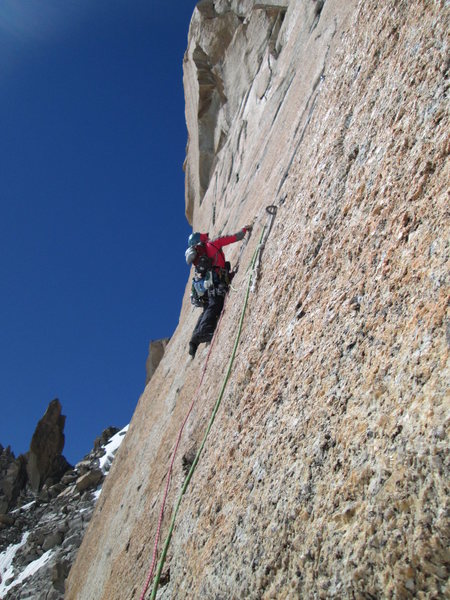 Fiddling with small gear on pitch 2 crux<br>
<br>