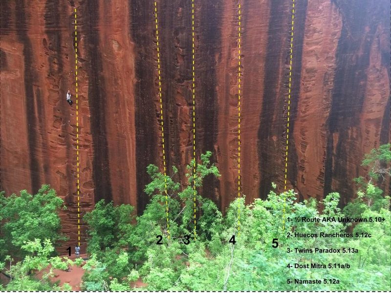 Overview of Kolob Wall<br>
<br>
1- ½ Route AKA Unknown 5.10+<br>
2- Huecos Rancheros 5.12c<br>
3- Twins Paradox 5.13a<br>
4- Dost Mitra 5.11a/b<br>
5- Namaste 5.12a