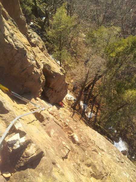 A chilly March day to be belaying from the top.
